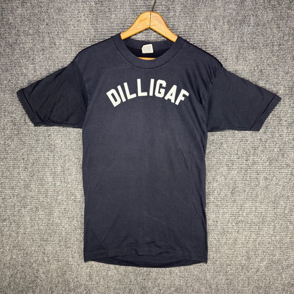 Vintage Downerwear DILLIGAF T Shirt Navy Blue Single Stitch Made in USA Large
